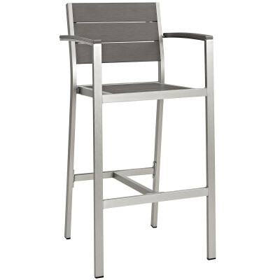 EEI-2254-SLV-GRY Shore Outdoor Patio Aluminum Bar Stool Silver Gray Arm Chair