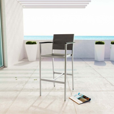 EEI-2254-SLV-GRY Shore Outdoor Patio Aluminum Bar Stool Silver Gray Arm Chair