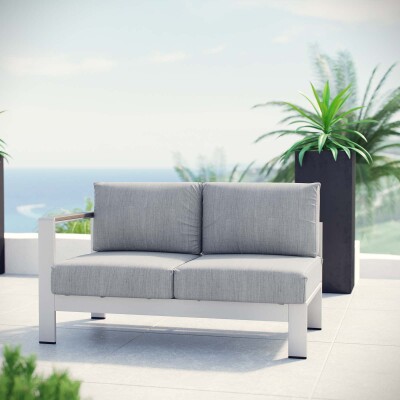EEI-2265-SLV-GRY Shore Left-Arm Corner Sectional Patio Aluminum Loveseat Silver Gray Arm Chair