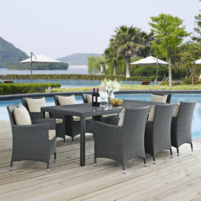 EEI-2309-CHC-BEI-SET Sojourn 9 Piece Outdoor Patio Sunbrella® Dining Set Arm Chairs