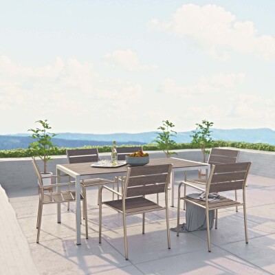 EEI-2484-SLV-GRY-SET Shore 7 Piece Outdoor Patio Aluminum Dining Set Silver Gray Arm Chairs