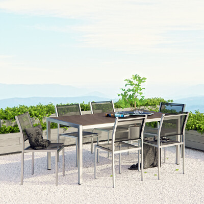 EEI-2485-SLV-BLK-SET Shore 7 Piece Outdoor Patio Aluminum Dining Set