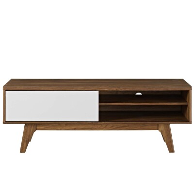 A modern tv stand in walnut and white.