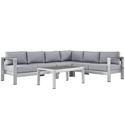 EEI-2557-SLV-GRY Shore 5 Piece Outdoor Patio Aluminum Sectional Sofa Set Silver Gray
