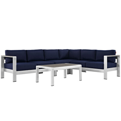EEI-2557-SLV-NAV Shore 5 Piece Outdoor Patio Aluminum Sectional Sofa Set