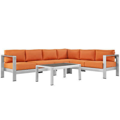 EEI-2557-SLV-ORA Shore 5 Piece Outdoor Patio Aluminum Sectional Sofa Set