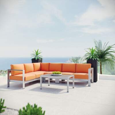 EEI-2557-SLV-ORA Shore 5 Piece Outdoor Patio Aluminum Sectional Sofa Set