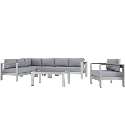 EEI-2558-SLV-GRY Shore 6 Piece Outdoor Patio Aluminum Sectional Sofa Set Silver Gray