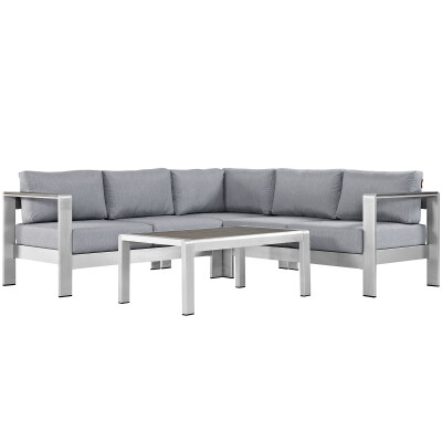 EEI-2559-SLV-GRY Shore 4 Piece Outdoor Patio Aluminum Sectional Sofa Set Silver Gray