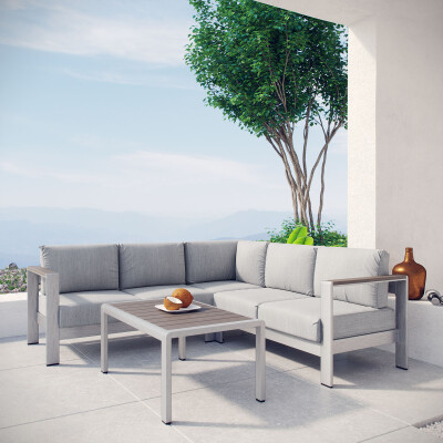 EEI-2559-SLV-GRY Shore 4 Piece Outdoor Patio Aluminum Sectional Sofa Set Silver Gray