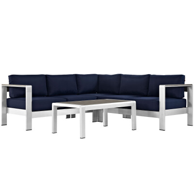 EEI-2559-SLV-NAV Shore 4 Piece Outdoor Patio Aluminum Sectional Sofa Set