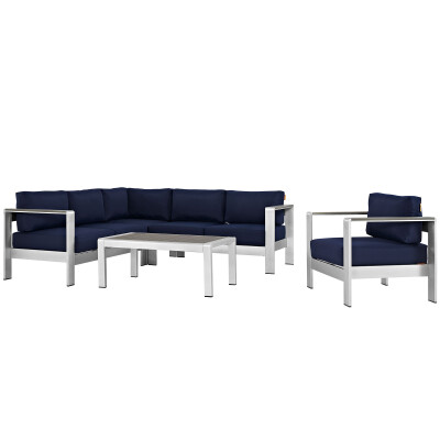 EEI-2560-SLV-NAV Shore 5 Piece Outdoor Patio Aluminum Sectional Sofa Set