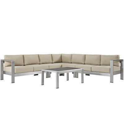 EEI-2561-SLV-BEI Shore 6 Piece Outdoor Patio Aluminum Sectional Sofa Set