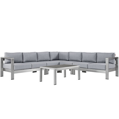 EEI-2561-SLV-GRY Shore 6 Piece Outdoor Patio Aluminum Sectional Sofa Set Silver Gray
