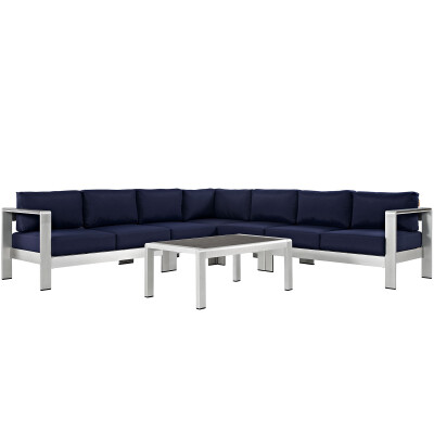 EEI-2561-SLV-NAV Shore 6 Piece Outdoor Patio Aluminum Sectional Sofa Set