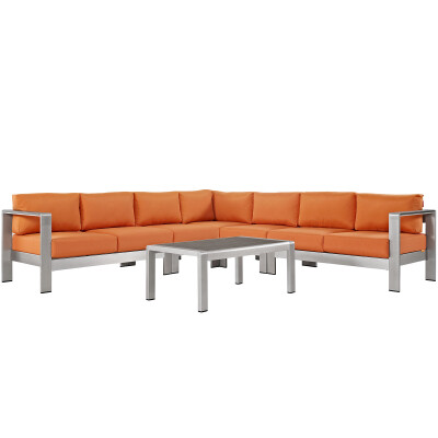 EEI-2561-SLV-ORA Shore 6 Piece Outdoor Patio Aluminum Sectional Sofa Set