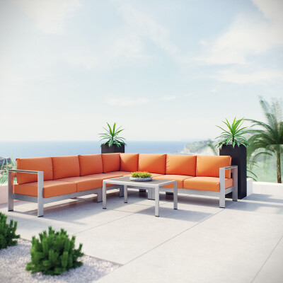 EEI-2561-SLV-ORA Shore 6 Piece Outdoor Patio Aluminum Sectional Sofa Set