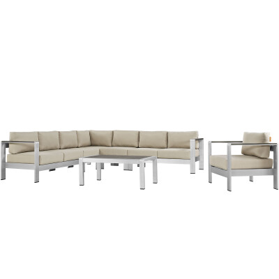 EEI-2562-SLV-BEI Shore 7 Piece Outdoor Patio Aluminum Sectional Sofa Set