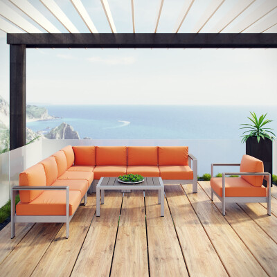 EEI-2562-SLV-ORA Shore 7 Piece Outdoor Patio Aluminum Sectional Sofa Set