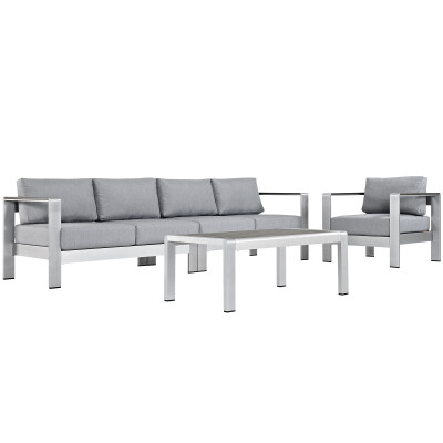 EEI-2563-SLV-GRY Shore 4 Piece Outdoor Patio Aluminum Sectional Sofa Set Silver Gray
