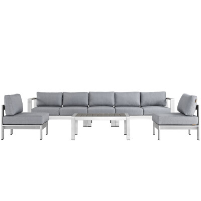 EEI-2565-SLV-GRY Shore 6 Piece Outdoor Patio Aluminum Sectional Sofa Set Silver Gray