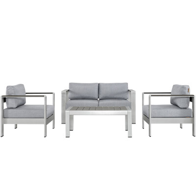 EEI-2567-SLV-GRY Shore 4 Piece Outdoor Patio Aluminum Sectional Sofa Set Silver Gray