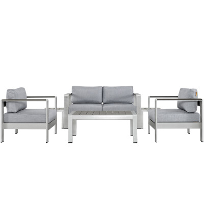 EEI-2568-SLV-GRY Shore 6 Piece Outdoor Patio Aluminum Sectional Sofa Set Silver Gray