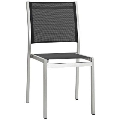A silver and black dining chair with a black seat.