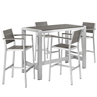 EEI-2588-SLV-GRY-SET Shore 5 Piece Outdoor Patio Aluminum Dining Set Silver Gray Arm Chairs