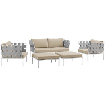EEI-2621-WHI-BEI-SET Harmony 5 Piece Outdoor Patio Aluminum Sectional Sofa Set