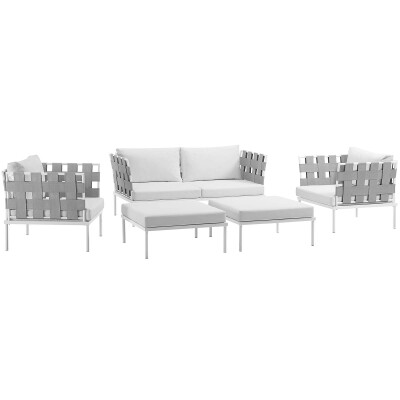 EEI-2621-WHI-WHI-SET Harmony 5 Piece Outdoor Patio Aluminum Sectional Sofa Set