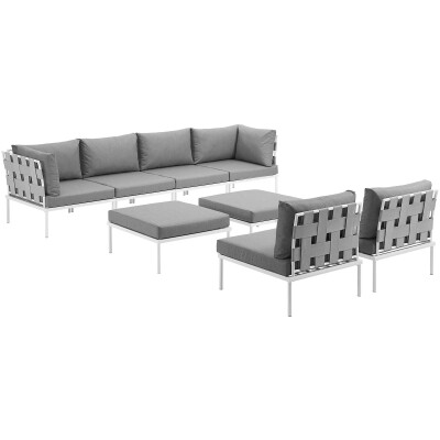 EEI-2624-WHI-GRY-SET Harmony 8 Piece Outdoor Patio Aluminum Sectional Sofa Set