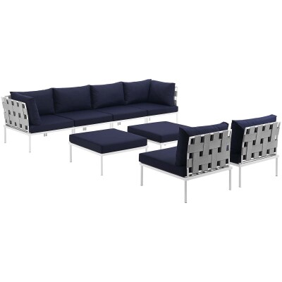 EEI-2624-WHI-NAV-SET Harmony 8 Piece Outdoor Patio Aluminum Sectional Sofa Set