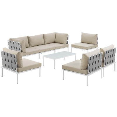 EEI-2625-WHI-BEI-SET Harmony 8 Piece Outdoor Patio Aluminum Sectional Sofa Set