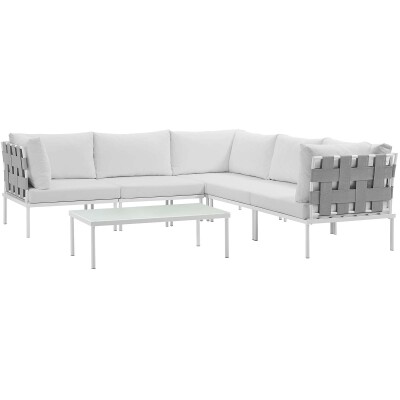 EEI-2627-WHI-WHI-SET Harmony 6 Piece Outdoor Patio Aluminum Sectional Sofa Set