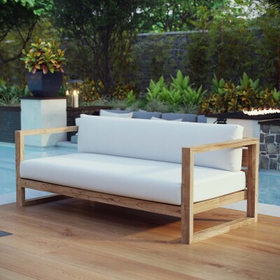 EEI-2707-NAT-WHI Upland Outdoor Patio Teak Sofa Natural White Arm Chair