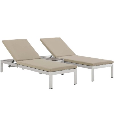 EEI-2736-SLV-BEI-SET Shore 3 Piece Outdoor Patio Aluminum Chaise with Cushions
