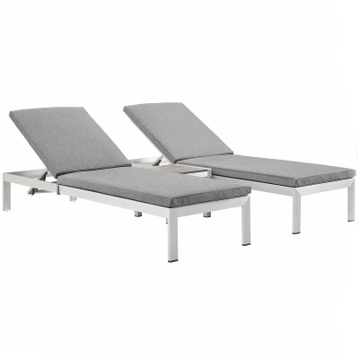EEI-2736-SLV-GRY-SET Shore 3 Piece Outdoor Patio Aluminum Chaise with Cushions Silver Gray