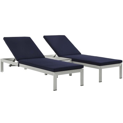 EEI-2736-SLV-NAV-SET Shore 3 Piece Outdoor Patio Aluminum Chaise with Cushions