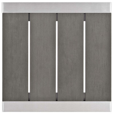 A gray and stainless steel grille with four slats on a white background.