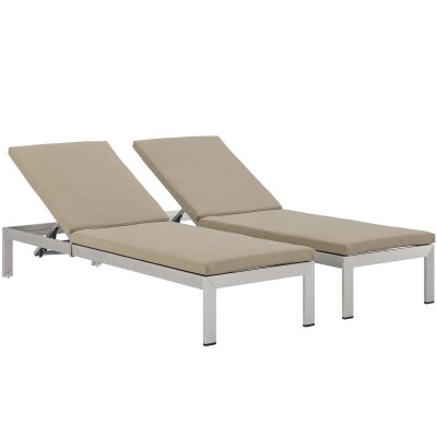 EEI-2737-SLV-BEI-SET Shore Chaise with Cushions Outdoor Patio Aluminum Set of 2