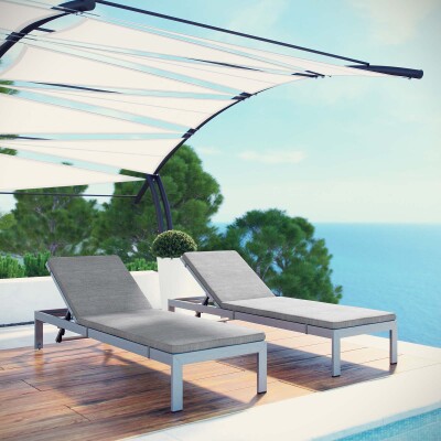 EEI-2737-SLV-GRY-SET Shore Chaise with Cushions Outdoor Patio Aluminum Set of 2 Silver Gray