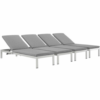 EEI-2738-SLV-GRY-SET Shore Chaise with Cushions Outdoor Patio Aluminum Set of 4 Silver Gray