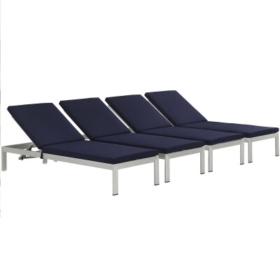 EEI-2738-SLV-NAV-SET Shore Chaise with Cushions Outdoor Patio Aluminum Set of 4