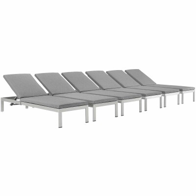 EEI-2739-SLV-GRY-SET Shore Chaise with Cushions Outdoor Patio Aluminum Set of 6 Silver Gray