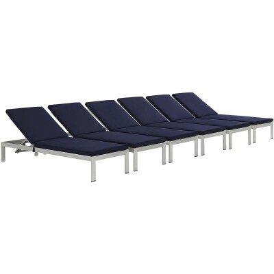 EEI-2739-SLV-NAV-SET Shore Chaise with Cushions Outdoor Patio Aluminum Set of 6