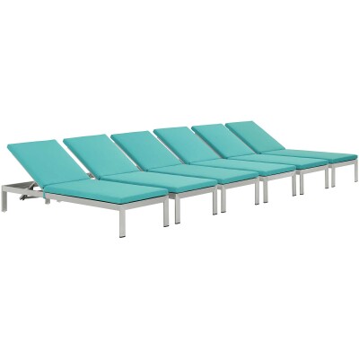 EEI-2739-SLV-TRQ-SET Shore Chaise with Cushions Outdoor Patio Aluminum Set of 6