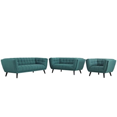 EEI-2974-TEA-SET Bestow 3 Piece Upholstered Fabric Sofa Loveseat and Armchair Set Teal