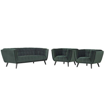 EEI-2981-GRN-SET Bestow 3 Piece Velvet Sofa and Armchair Set Green