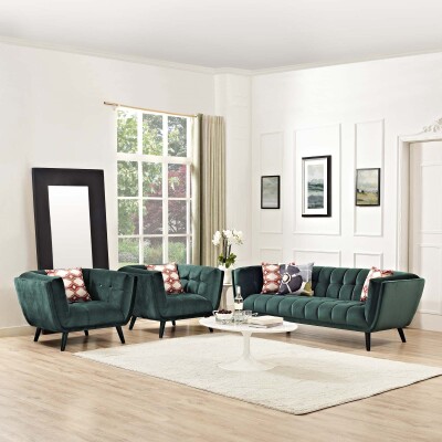 EEI-2981-GRN-SET Bestow 3 Piece Velvet Sofa and Armchair Set Green